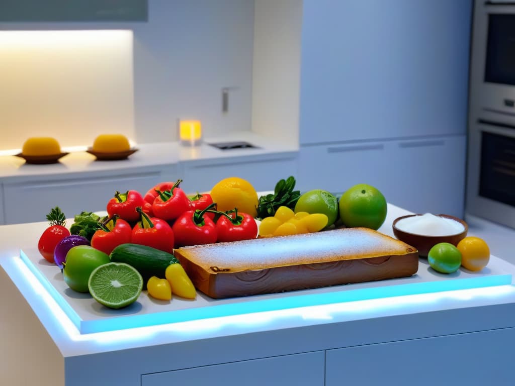  An ultradetailed image of a sleek, modern kitchen with a long, marble countertop showcasing various food items like vibrant fruits, freshly baked bread, and colorful vegetables under soft, diffused LED lighting. The LED lights cast a gentle, natural glow, highlighting the textures and colors of the food, creating a visually striking and appetizing scene that conveys a sense of freshness and sophistication. hyperrealistic, full body, detailed clothing, highly detailed, cinematic lighting, stunningly beautiful, intricate, sharp focus, f/1. 8, 85mm, (centered image composition), (professionally color graded), ((bright soft diffused light)), volumetric fog, trending on instagram, trending on tumblr, HDR 4K, 8K