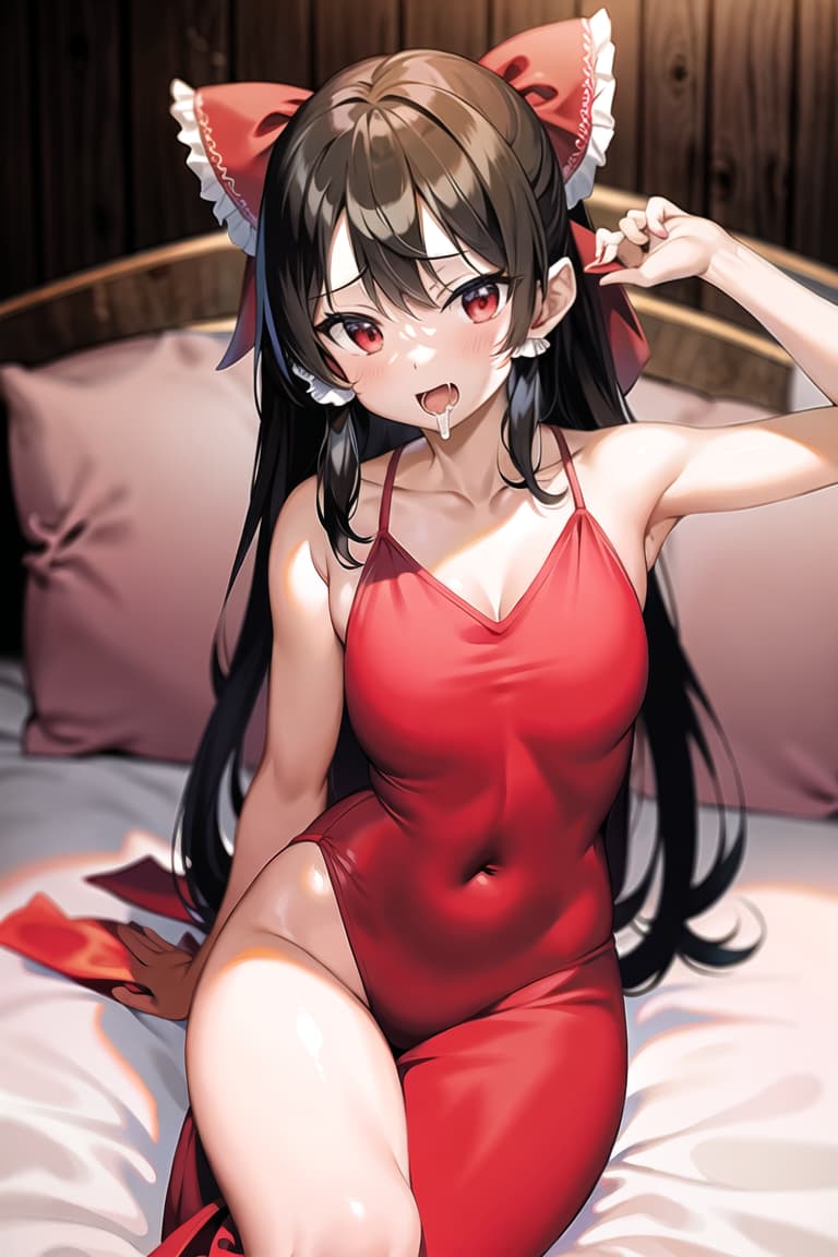  master piece , best quality,Eastern Project,Reimu Hakurei,black hair,,,slim figure,come face,open mouth,drooling a lot,erect s, sitting,on bed