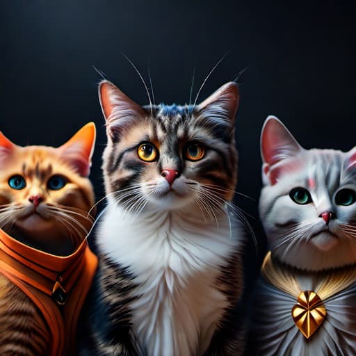  cats hyperrealistic, full body, detailed clothing, highly detailed, cinematic lighting, stunningly beautiful, intricate, sharp focus, f/1. 8, 85mm, (centered image composition), (professionally color graded), ((bright soft diffused light)), volumetric fog, trending on instagram, trending on tumblr, HDR 4K, 8K