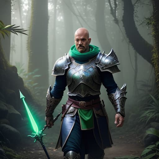  a cinematic shot of a dragon warrior and holding a green glowing spear and a shield, fantasy jungle in background, reflective light, hkstyle, HD, masterpiece, best quality, hyper detailed, ultra detailed, super realistic hyperrealistic, full body, detailed clothing, highly detailed, cinematic lighting, stunningly beautiful, intricate, sharp focus, f/1. 8, 85mm, (centered image composition), (professionally color graded), ((bright soft diffused light)), volumetric fog, trending on instagram, trending on tumblr, HDR 4K, 8K