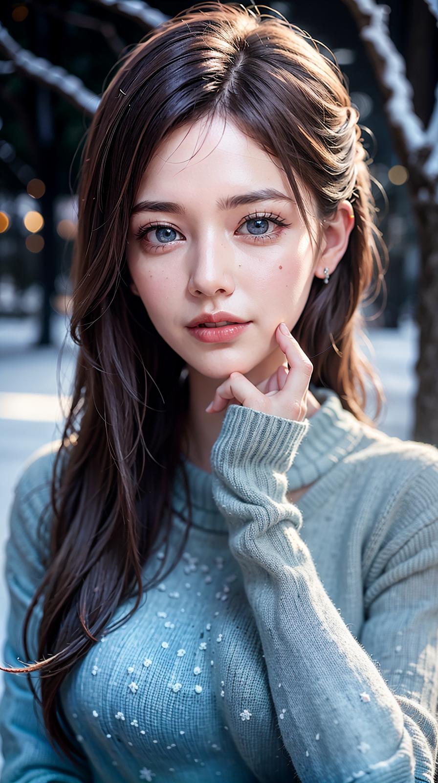  ultra high res, (photorealistic:1.4), raw photo, (realistic face), realistic eyes, (realistic skin), <lora:XXMix9_v20LoRa:0.8>, ((((masterpiece)))), best quality, very_high_resolution, ultra-detailed, in-frame, silver hair, winter, elegant lady, snowflakes, icy blue eyes, chilly beauty, frosty breath, pale skin, snow queen, cozy sweater, winter wonderland, shimmering locks, wintertime charm, snow-covered landscape, ethereal beauty, cold weather enchantment, frost-kissed cheeks, sparkling silver strands, wintry elegance, crystal-clear complexion