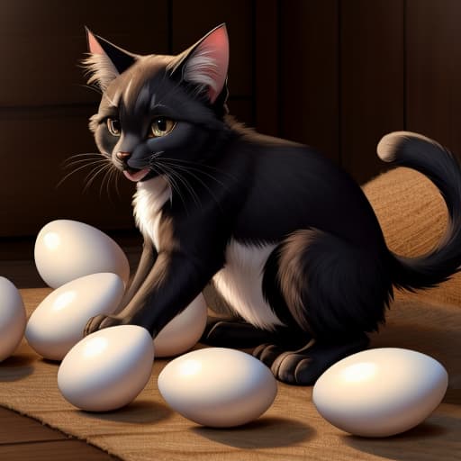  cat, egg, oviposition, black, open eyes, digital art, masterpiece, 4k, fine details,