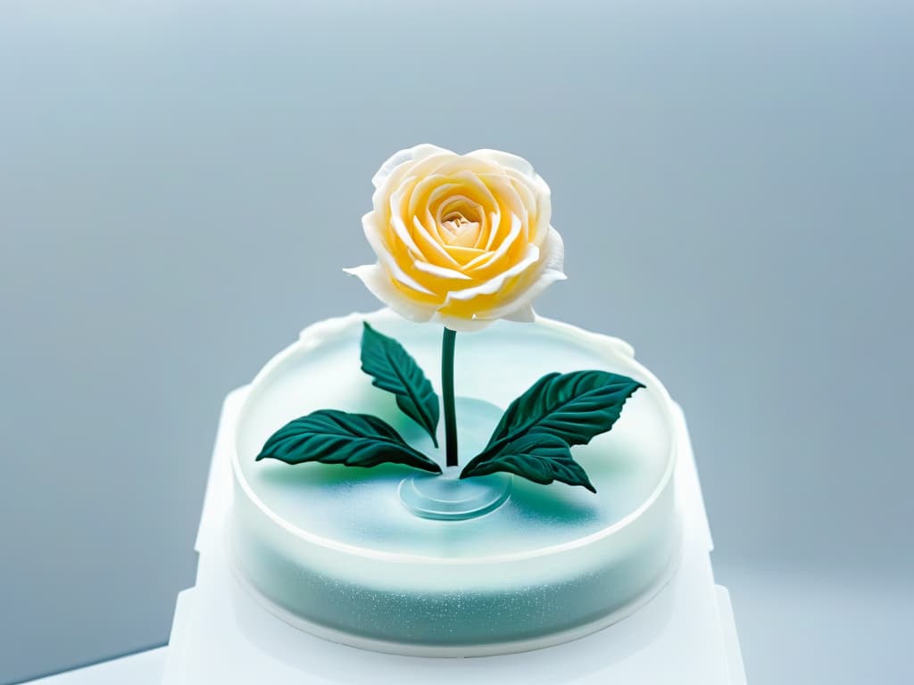  A closeup, ultradetailed image of a delicate sugar sculpture of a blooming rose, showcasing intricate petal details and a shimmering, translucent quality that catches the light. The sculpture rests on a sleek, minimalistic white pedestal, creating a stark yet elegant contrast that highlights the artistry and craftsmanship of the sugar creation. hyperrealistic, full body, detailed clothing, highly detailed, cinematic lighting, stunningly beautiful, intricate, sharp focus, f/1. 8, 85mm, (centered image composition), (professionally color graded), ((bright soft diffused light)), volumetric fog, trending on instagram, trending on tumblr, HDR 4K, 8K