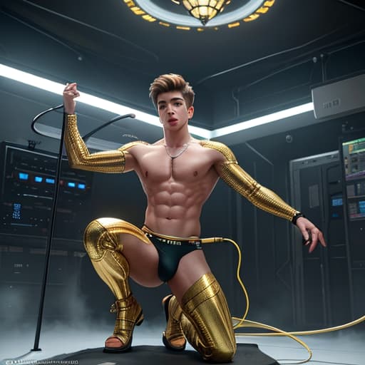  photo of a ultra realistic jack griffo with short hair, with athletic body, wearing tight multi colored speedos with a huge bulge, crying in pain, desperate and scared, being converted into a terrifying cyborg, arms and legs being replaced, standing in a small ornate metallic electronic alcove, covered in loads of cables and wires burrowing into body, head and neck, breathtaking, insanely detailed, perfectionism, sharp focus, 8k hyperrealistic, full body, detailed clothing, highly detailed, cinematic lighting, stunningly beautiful, intricate, sharp focus, f/1. 8, 85mm, (centered image composition), (professionally color graded), ((bright soft diffused light)), volumetric fog, trending on instagram, trending on tumblr, HDR 4K, 8K