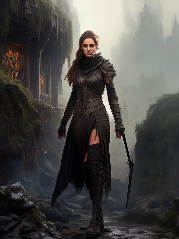  A girl from another planet, a ragged costume, a torn hood, clothes made of papyrus, black long swords in her hands, dirty clothes, Dune, black colors, cosmos., magic, dragons, elves, castles, by Donato Giancola, Ruan Jia, Kekai Kotaki, Magali Villeneuve, Even Mehl Amundsen hyperrealistic, full body, detailed clothing, highly detailed, cinematic lighting, stunningly beautiful, intricate, sharp focus, f/1. 8, 85mm, (centered image composition), (professionally color graded), ((bright soft diffused light)), volumetric fog, trending on instagram, trending on tumblr, HDR 4K, 8K