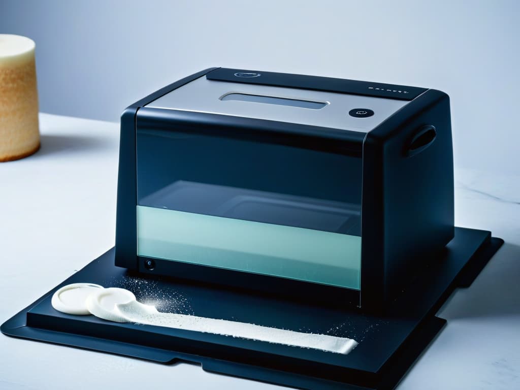  A visually striking and minimalistic image showcasing a sleek and modern highend fondant machine, featuring a smooth matte black exterior with elegant silver accents. The machine is illuminated with soft, ambient lighting, highlighting its advanced design and cuttingedge technology. The background is a subtle gradient of cool tones to enhance the machine's sophisticated appearance, creating a captivating and professional visual for the article on innovative fondant machines. hyperrealistic, full body, detailed clothing, highly detailed, cinematic lighting, stunningly beautiful, intricate, sharp focus, f/1. 8, 85mm, (centered image composition), (professionally color graded), ((bright soft diffused light)), volumetric fog, trending on instagram, trending on tumblr, HDR 4K, 8K