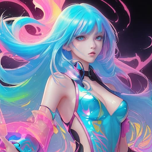  A very beautiful young , solo, long hair, seven colors, watercolor style, neon clothing, holographic, shiny and glossy, 32K, UHD, manga style, rich details, best quality, and expressive style,