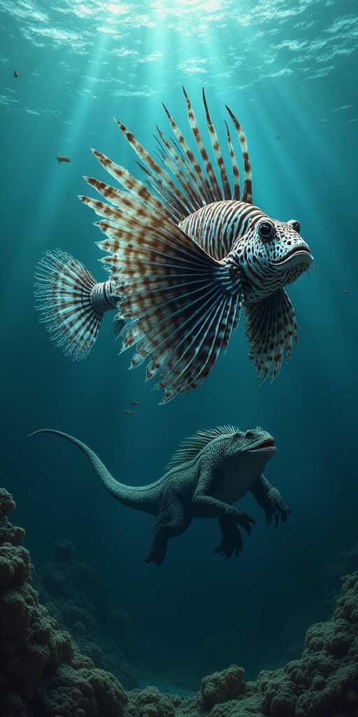  good quality, high quality, a lionfish swimming right next to a mosasaurus, epic, realistic, highly detailed