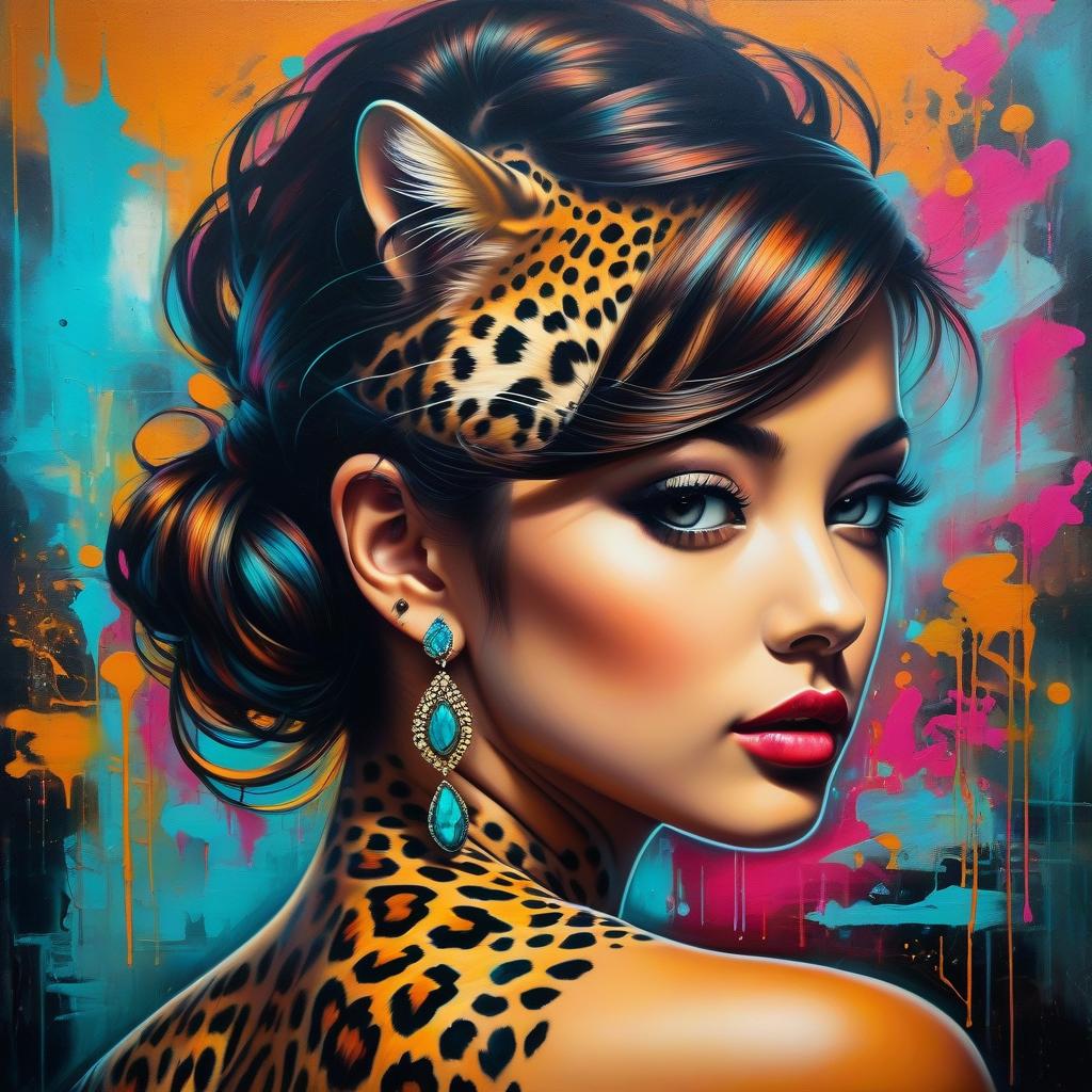  graffiti style Pop surrealism,girl with a tattoo of a leopard on her back, oil painting, highly detailed image with double exposure and overlay of textures and layers. Distant background. Gorgeous, saturated. A background of bright revolutionary tones: surrealist abstractionism. Subtle patterns of mysticism and magic. Stylistics: neorococo, fantasy abstraction, surrealism, mystery. High quality. . street art, vibrant, urban, detailed, tag, mural hyperrealistic, full body, detailed clothing, highly detailed, cinematic lighting, stunningly beautiful, intricate, sharp focus, f/1. 8, 85mm, (centered image composition), (professionally color graded), ((bright soft diffused light)), volumetric fog, trending on instagram, trending on tumblr, HDR 4K, 8K