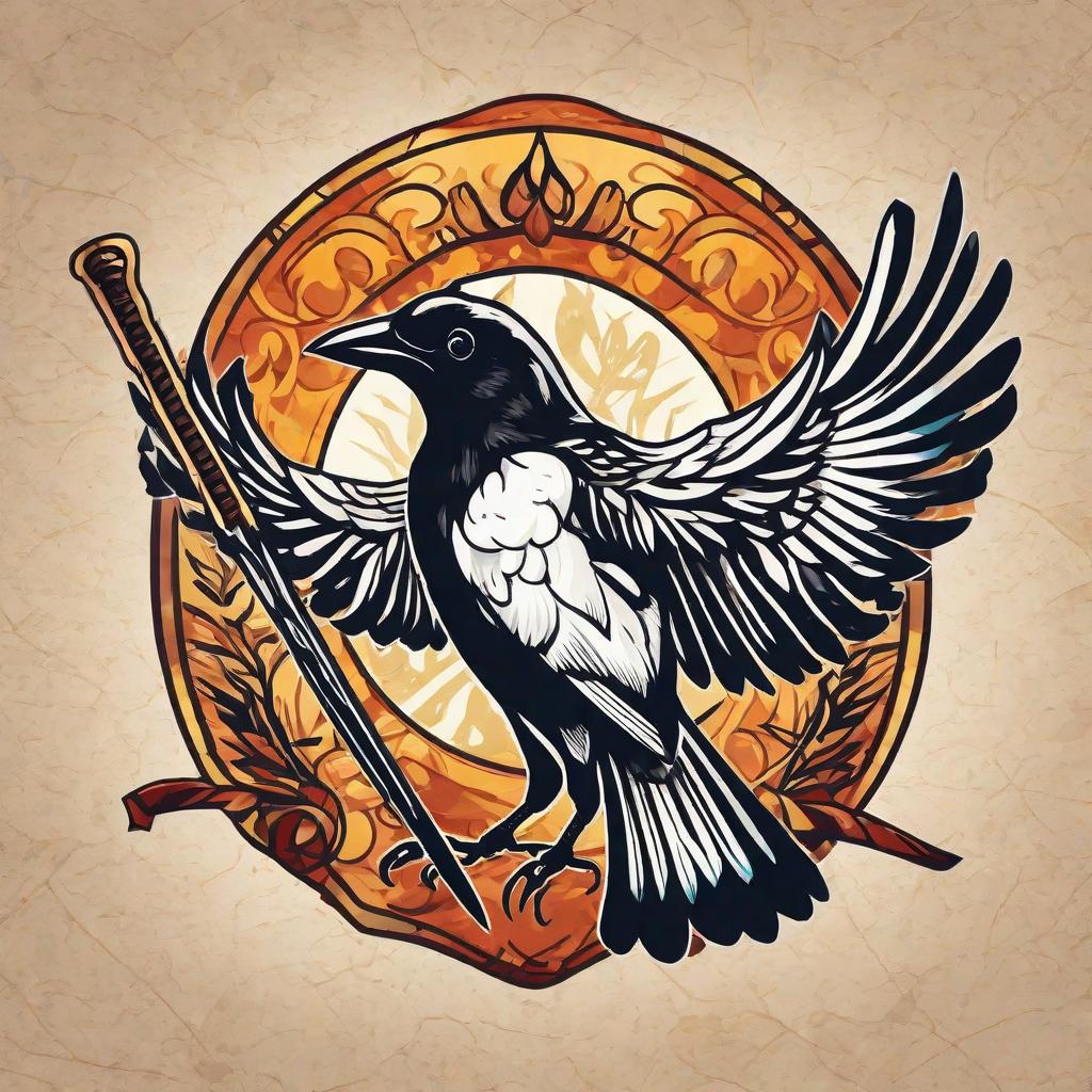  masterpiece, best quality, The magpie bird logo has a gadiator feel holding a sword with a fire background