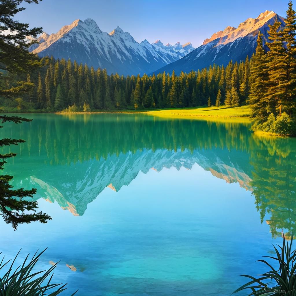  as a painting, Convey the serene majesty of towering mountains reflected in the crystal-clear waters of a tranquil alpine lake, using your unique artistic vision to evoke a sense of awe and tranquility.