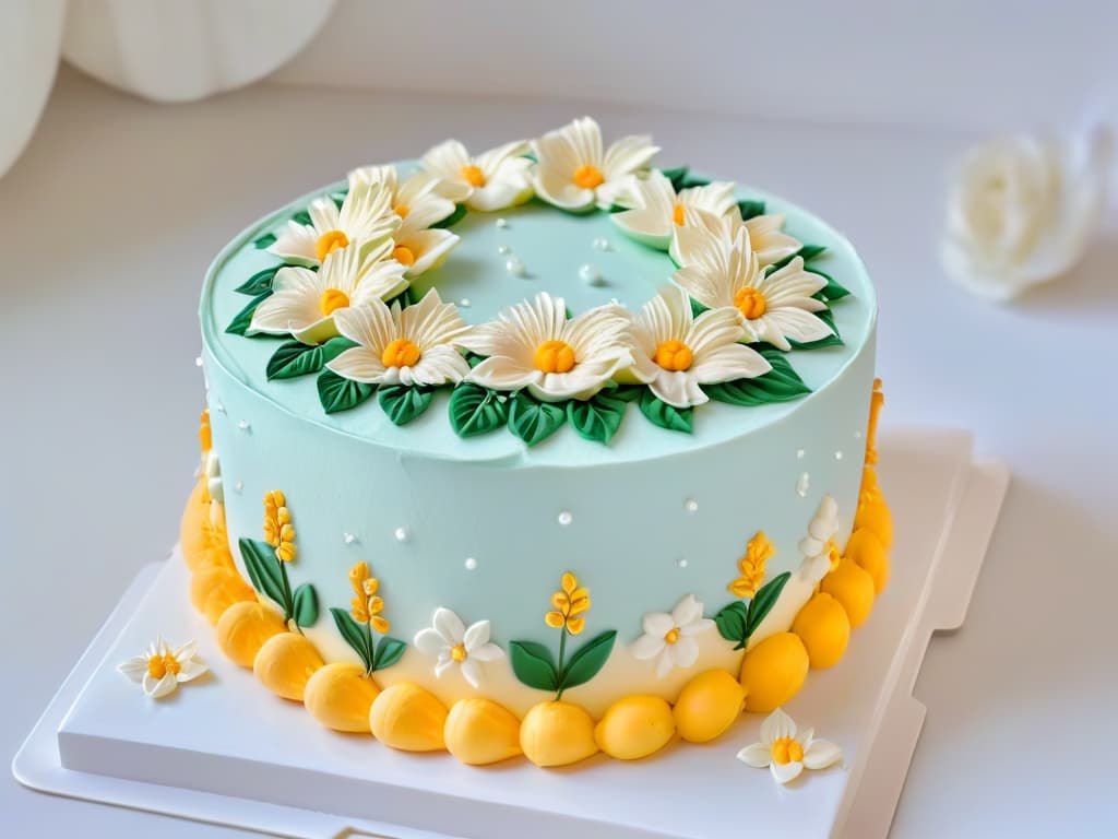  An image of a delicate hand piping intricate floral designs onto a cake, showcasing precision and skill despite potential motor limitations. The background is a soft focus, emphasizing the elegant details of the decoration process. The color palette is pastel and soothing, highlighting the contrast between the vibrant icing and the white cake canvas. hyperrealistic, full body, detailed clothing, highly detailed, cinematic lighting, stunningly beautiful, intricate, sharp focus, f/1. 8, 85mm, (centered image composition), (professionally color graded), ((bright soft diffused light)), volumetric fog, trending on instagram, trending on tumblr, HDR 4K, 8K