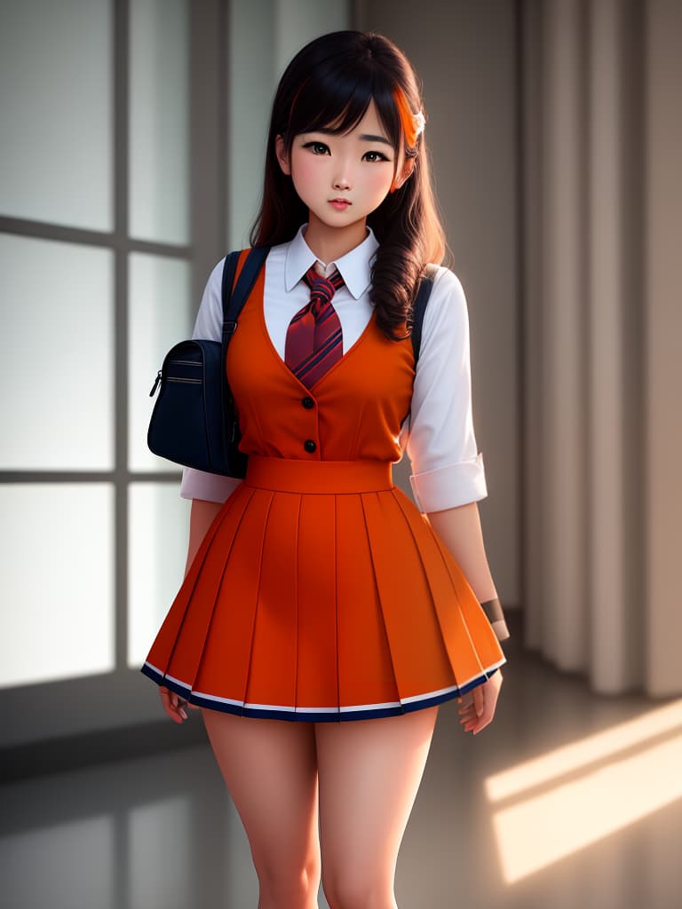  A highly detailed photo of a schoolgirl with orange uniform, <lora:add_detail:0.8>, hyperrealistic, full body, highly detailed, cinematic lighting, intricate, sharp focus, f/1. 8, 85mm, (centered image composition), (professionally color graded), ((bright soft diffused light)), volumetric fog, trending on instagram, HDR 4K, 8K