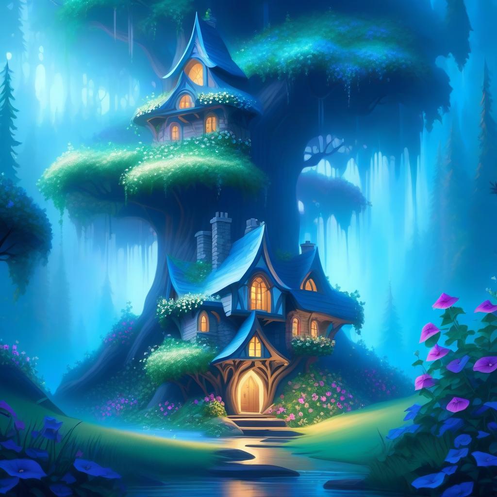  ethereal fantasy concept art of This tree house, nestled in the woods under a large leaf as a roof. Morning petunias serve as both decoration and guardians. The blossoms are blooming above the roof of the cabin. The elf who lives inside seems ready to come out the door and onto the balcony to water the flowers. (Petunia bush petunia) The flowers are blue turning to blue. . magnificent, celestial, ethereal, painterly, epic, majestic, magical, fantasy art, cover art, dreamy hyperrealistic, full body, detailed clothing, highly detailed, cinematic lighting, stunningly beautiful, intricate, sharp focus, f/1. 8, 85mm, (centered image composition), (professionally color graded), ((bright soft diffused light)), volumetric fog, trending on instagram, trending on tumblr, HDR 4K, 8K