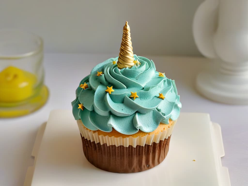  A highresolution closeup image of a beautifully decorated cupcake with vibrant colors and intricate details, showcasing a whimsical theme like unicorns or outer space. The frosting should be smooth, and the decorations precise, creating a visually stunning and appetizing treat that would inspire readers to create their own themed cupcakes. hyperrealistic, full body, detailed clothing, highly detailed, cinematic lighting, stunningly beautiful, intricate, sharp focus, f/1. 8, 85mm, (centered image composition), (professionally color graded), ((bright soft diffused light)), volumetric fog, trending on instagram, trending on tumblr, HDR 4K, 8K