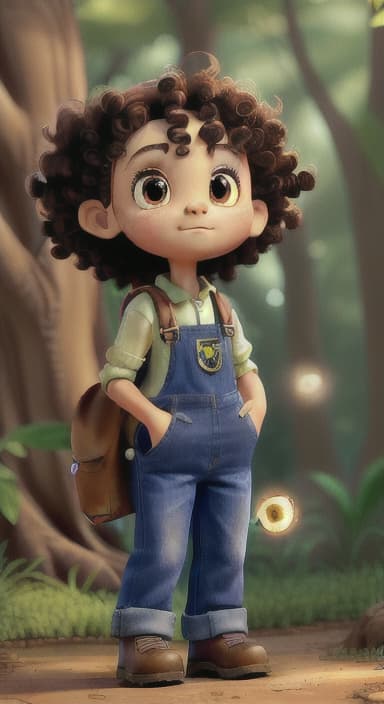  {The tree with a twinkling eye, while its leaves gently rustle., Riley, a curious with big brown eyes and curly hair, wearing overalls and carrying a small backpack. Their friend, Skye, a bluebird with shiny feathers.