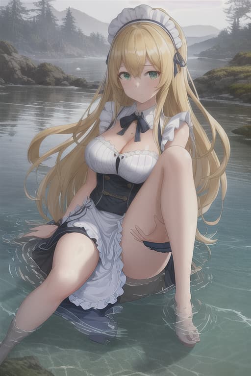  (score 9,score 8 up,score 7 up,),1girl,solo,maid,maid headdress,looking at viewer,outdoor,lake,apron,blonde hair,indoors,green eyes,bare foot,two feet in the water hyperrealistic, full body, detailed clothing, highly detailed, cinematic lighting, stunningly beautiful, intricate, sharp focus, f/1. 8, 85mm, (centered image composition), (professionally color graded), ((bright soft diffused light)), volumetric fog, trending on instagram, trending on tumblr, HDR 4K, 8K