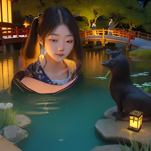  masterpiece, best quality, (Fidelity: 1.4), Best Quality, Masterpiece, Ultra High Resolution, 8k resolution, A night view inspired by Japanese art, featuring a garden illuminated by paper lanterns and a wooden bridge spanning a tranquil lake, by the lakeside, there is a small Zen temple. The water reflects the starry sky.