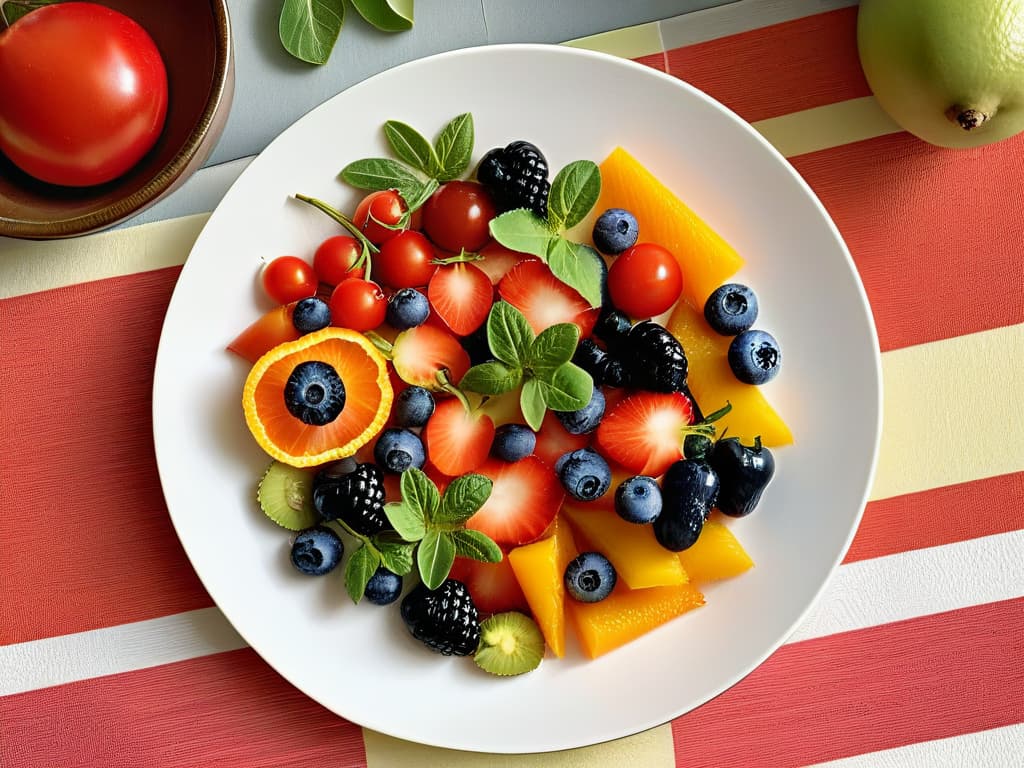  A closeup, ultradetailed image of various vibrantcolored fruits and vegetables arranged in a visually appealing, artistic pattern on a sleek, white ceramic plate. The fruits and vegetables include strawberries, blueberries, kiwi slices, orange wedges, cherry tomatoes, and fresh basil leaves, showcasing a variety of textures and colors that evoke a sense of freshness and health. Each item is perfectly placed to create a harmonious composition that is both visually striking and appetizing. hyperrealistic, full body, detailed clothing, highly detailed, cinematic lighting, stunningly beautiful, intricate, sharp focus, f/1. 8, 85mm, (centered image composition), (professionally color graded), ((bright soft diffused light)), volumetric fog, trending on instagram, trending on tumblr, HDR 4K, 8K