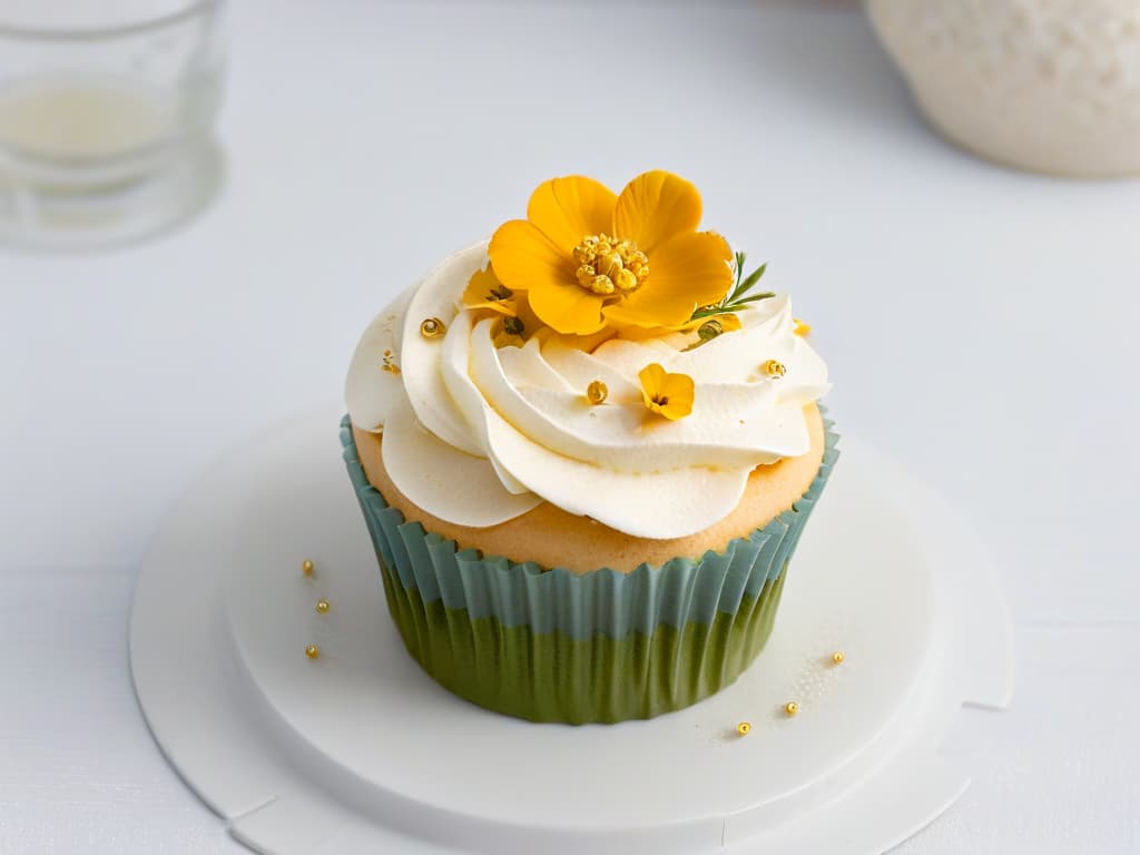  A closeup, ultradetailed photograph of a perfectly frosted cupcake, topped with delicate edible flowers and a sprinkle of gold dust, set against a clean, white background. The frosting is flawlessly smooth, reflecting the soft studio lighting to highlight every intricate detail, creating a visually stunning and appetizing image that embodies the essence of professional pastry photography. hyperrealistic, full body, detailed clothing, highly detailed, cinematic lighting, stunningly beautiful, intricate, sharp focus, f/1. 8, 85mm, (centered image composition), (professionally color graded), ((bright soft diffused light)), volumetric fog, trending on instagram, trending on tumblr, HDR 4K, 8K