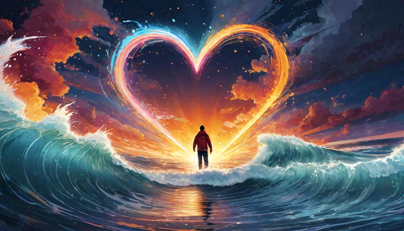  digital illustration, Radiant figure with a pulsating heart, energy waves emanating outward, tiny figures in distant background receiving the waves, warmth, positivity, broad influence, looking at viewer, dynamic pose, (intricate details, masterpiece, best quality)