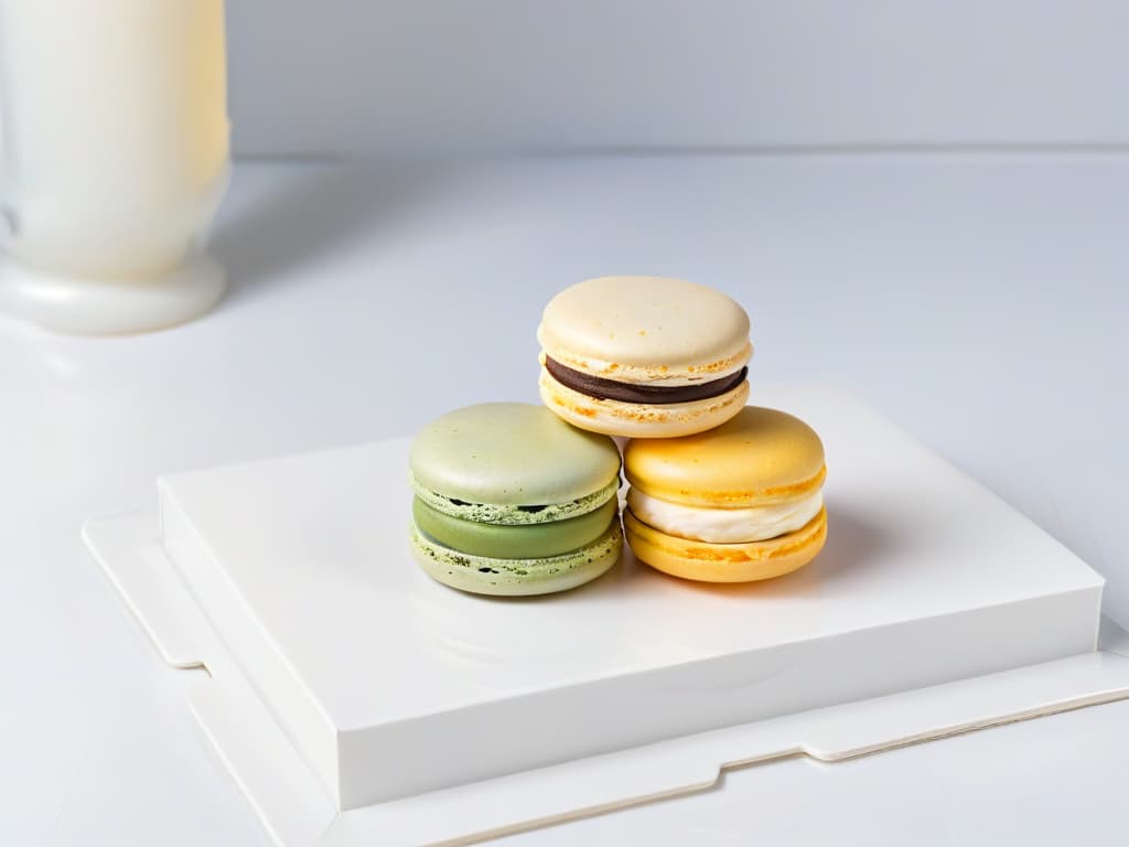  An ultradetailed closeup image of a perfect French macaron with a glossy smooth surface, delicate feet, and a precise symmetrical shape. The macaron is elegantly placed on a sleek, modern, and minimalist white plate, capturing the fine details of its texture and vibrant color. The image showcases the meticulous craftsmanship and artistry involved in creating the perfect French macaron, embodying sophistication and precision in every aspect of its presentation. hyperrealistic, full body, detailed clothing, highly detailed, cinematic lighting, stunningly beautiful, intricate, sharp focus, f/1. 8, 85mm, (centered image composition), (professionally color graded), ((bright soft diffused light)), volumetric fog, trending on instagram, trending on tumblr, HDR 4K, 8K