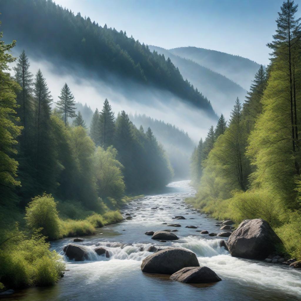  A serene river flowing through a forest with gentle slopes on either side, under a clear blue sky. hyperrealistic, full body, detailed clothing, highly detailed, cinematic lighting, stunningly beautiful, intricate, sharp focus, f/1. 8, 85mm, (centered image composition), (professionally color graded), ((bright soft diffused light)), volumetric fog, trending on instagram, trending on tumblr, HDR 4K, 8K