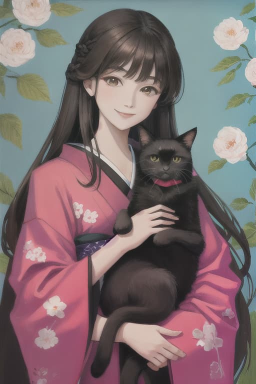  Kimono,dark brown hair,long hair,smiling,she is holding a black cat,beautiful,delicate painting,high resolution,high quality,