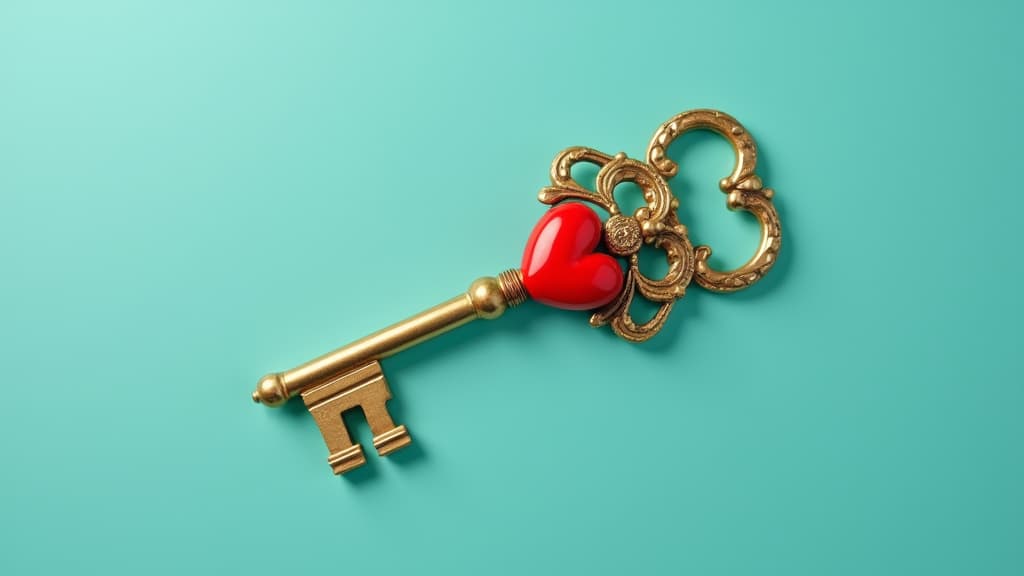  good quality, high quality, key with keyhole, key with heart, a vintage golden key with an ornate heart shaped bow on a minimal teal background. real estate concept, golden key with red heart