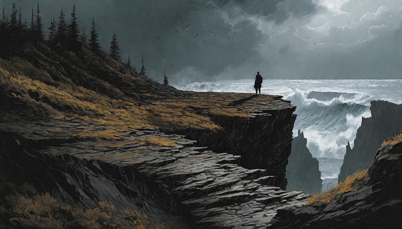  （surrealism)+++A silhouette at the edge of a crumbling cliff, overlooking a chaos of swirling elements below, Cliff edge sharply defined against a chaotic background, sense of imminent change, tipping point, anticipation, enveloping uncertainty looking at viewer,(intricate details, masterpiece, best quality)++