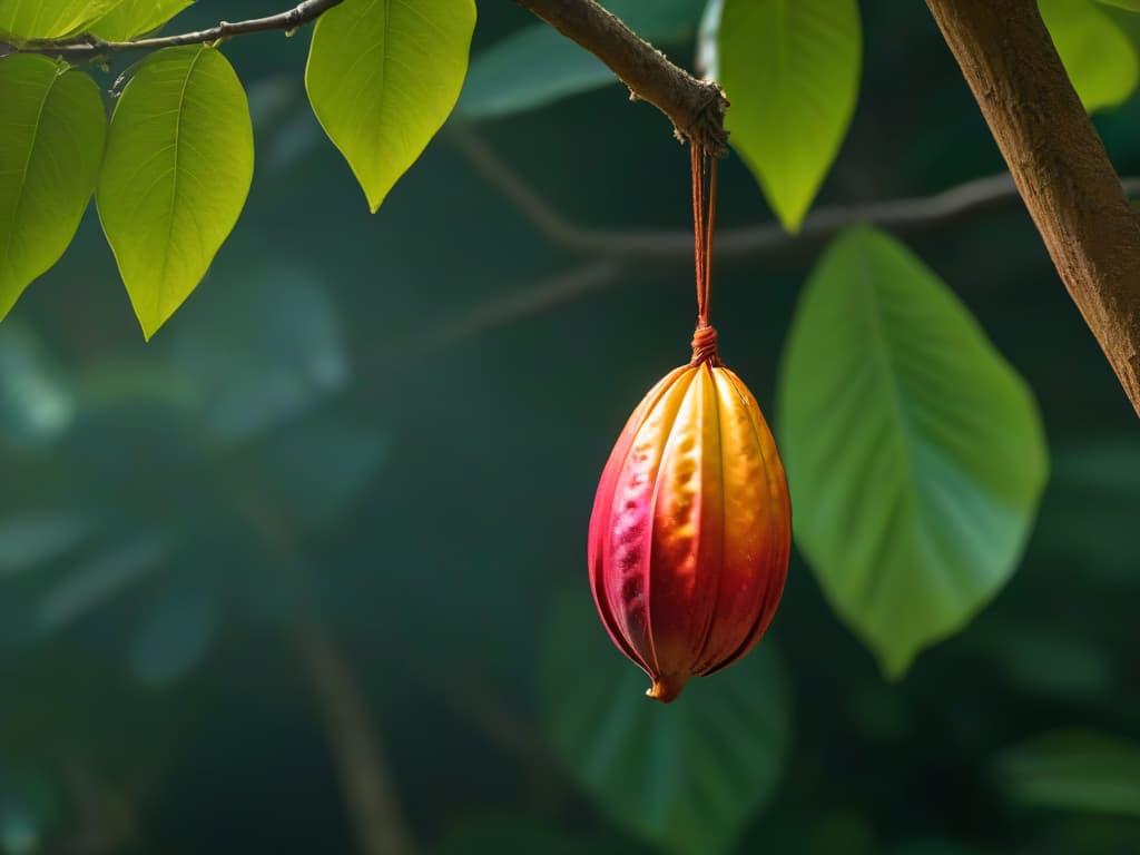  An 8k ultradetailed image of a single ripe cacao pod hanging from a tree branch, showcasing the vibrant colors and textures of the pod's surface. The background is softly blurred to emphasize the pod, with natural sunlight casting gentle shadows, highlighting the intricate details of the cacao pod's shape and the surrounding leaves. hyperrealistic, full body, detailed clothing, highly detailed, cinematic lighting, stunningly beautiful, intricate, sharp focus, f/1. 8, 85mm, (centered image composition), (professionally color graded), ((bright soft diffused light)), volumetric fog, trending on instagram, trending on tumblr, HDR 4K, 8K