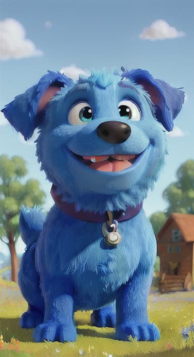  {A happy, big blue dog wagging its tail in a colorful meadow, The big blue dog is large with sky blue fur, big round eyes, a black nose, and floppy ears.