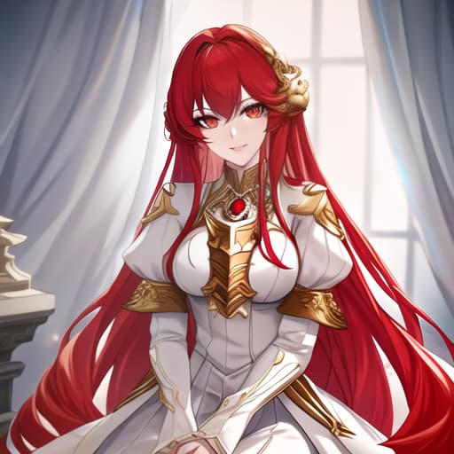  a girl manhua character with red hair and white eyes with white skin wearing noble dress and siting on the throne hyperrealistic, full body, detailed clothing, highly detailed, cinematic lighting, stunningly beautiful, intricate, sharp focus, f/1. 8, 85mm, (centered image composition), (professionally color graded), ((bright soft diffused light)), volumetric fog, trending on instagram, trending on tumblr, HDR 4K, 8K