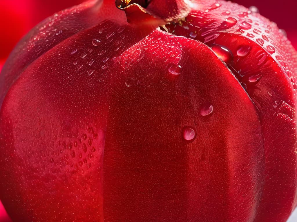  A closeup, ultradetailed image of a ripe, vibrant pomegranate split open to reveal its glistening rubyred seeds arranged in perfect symmetry, with droplets of juice delicately clinging to the seeds. The intricate network of white membranes separating the seeds is visible, creating a mesmerizing pattern against the rich red backdrop. The image captures the luscious texture and vibrant color of the pomegranate, inviting the viewer to appreciate the fruit's natural beauty and freshness. hyperrealistic, full body, detailed clothing, highly detailed, cinematic lighting, stunningly beautiful, intricate, sharp focus, f/1. 8, 85mm, (centered image composition), (professionally color graded), ((bright soft diffused light)), volumetric fog, trending on instagram, trending on tumblr, HDR 4K, 8K