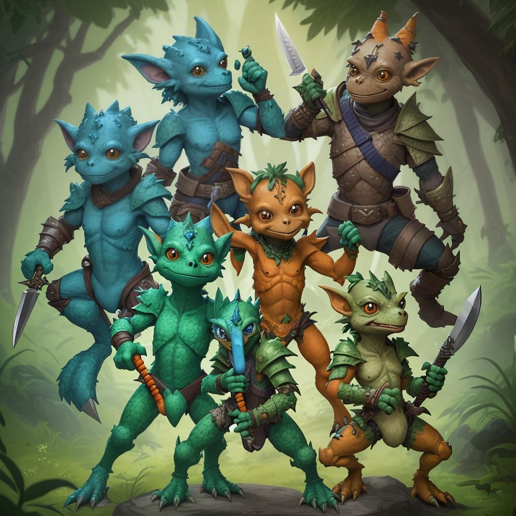  three kobold weaponize with knive in left and right arm orang, green and blue colors, wears nature armor