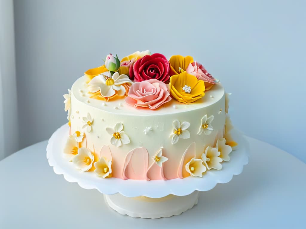  A closeup, ultradetailed image of a meticulously crafted, multilayered cake decorated with intricate swirls of pastelcolored frosting and delicate sugar flowers. The cake sits on a pristine white pedestal, casting a soft shadow against a simple, unadorned background, emphasizing the exquisite details and artistry of the dessert. hyperrealistic, full body, detailed clothing, highly detailed, cinematic lighting, stunningly beautiful, intricate, sharp focus, f/1. 8, 85mm, (centered image composition), (professionally color graded), ((bright soft diffused light)), volumetric fog, trending on instagram, trending on tumblr, HDR 4K, 8K