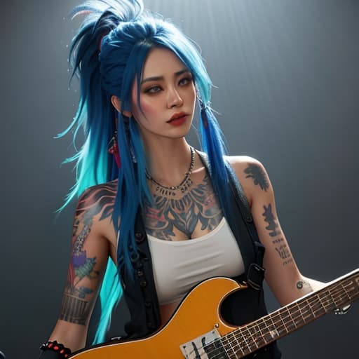  punk rocker eric melvin as a dinosaur with tattoos and long hanging blue dreadlocks no shirt and wearing shorts playing a guitar 4k, 4k, 8k, caricature hyperrealistic, full body, detailed clothing, highly detailed, cinematic lighting, stunningly beautiful, intricate, sharp focus, f/1. 8, 85mm, (centered image composition), (professionally color graded), ((bright soft diffused light)), volumetric fog, trending on instagram, trending on tumblr, HDR 4K, 8K