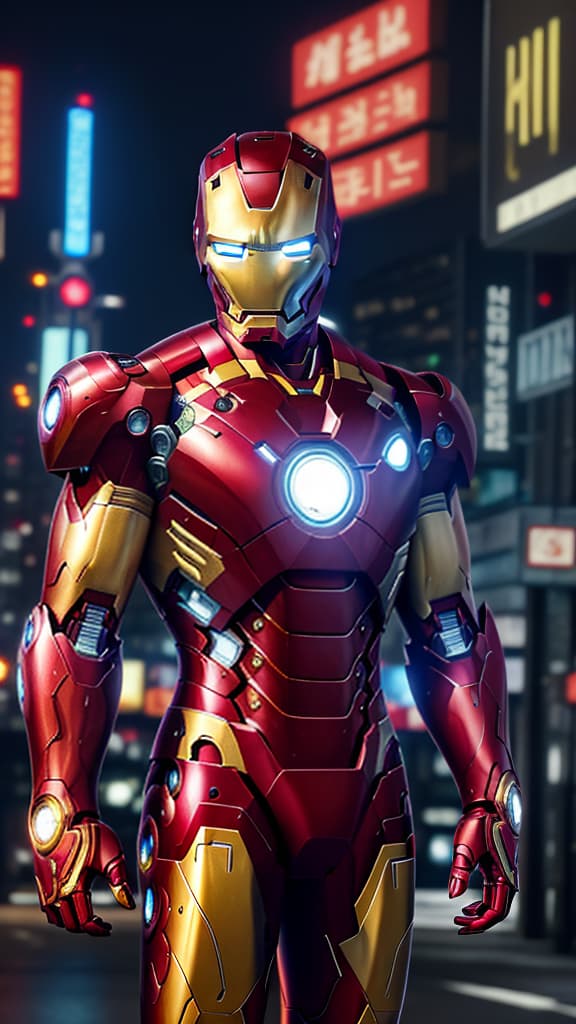  masterpiece, best quality, masterpiece, 8k resolution, realistic, highly detailed, Iron Man close-up. He stands on a street lined with tall buildings in a cyberpunk style city at night. The city's night lights are bright, and the surrounding buildings and streets are full of cyberpunk elements such as neon lights, high-tech equipment and futuristic architectural design.