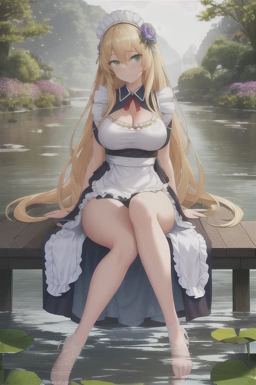  (score 9,score 8 up,score 7 up,),1girl,solo,maid,maid headdress,looking at viewer,outdoor,lake,apron,blonde hair,indoors,green eyes,bare foot,two feet in the water lotus flower sex stunny hyperrealistic, full body, detailed clothing, highly detailed, cinematic lighting, stunningly beautiful, intricate, sharp focus, f/1. 8, 85mm, (centered image composition), (professionally color graded), ((bright soft diffused light)), volumetric fog, trending on instagram, trending on tumblr, HDR 4K, 8K