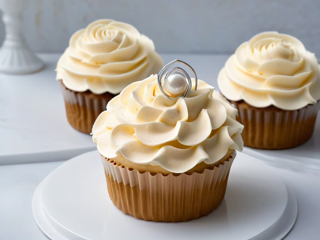  A closeup, highresolution image of a perfectly piped swirl of delicate roseflavored buttercream frosting on a freshly baked, goldenbrown cupcake. The frosting is adorned with a single edible silver pearl, placed precisely at the center of the swirl. The cupcake sits on a sleek, white marble countertop, with soft natural light gently illuminating the scene, highlighting the intricate details of the frosting texture and the subtle shimmer of the pearl. hyperrealistic, full body, detailed clothing, highly detailed, cinematic lighting, stunningly beautiful, intricate, sharp focus, f/1. 8, 85mm, (centered image composition), (professionally color graded), ((bright soft diffused light)), volumetric fog, trending on instagram, trending on tumblr, HDR 4K, 8K