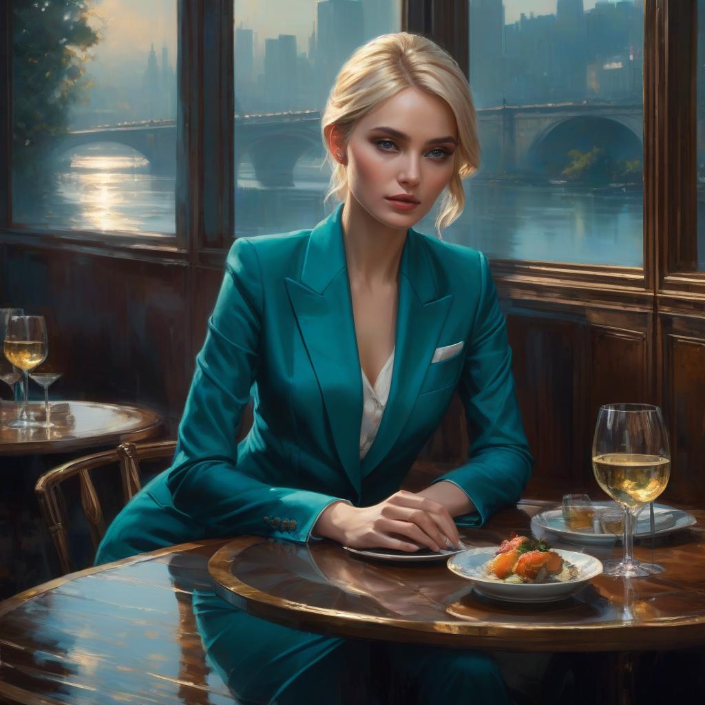  A blonde young woman in a dark turquoise trouser suit sits at a table, dreamy in an elite restaurant with a panorama of the river, highly detailed, 8k, intricate, atmospheric, (oil painting:0.75), (splash art:0.75), (by Jeremy Mann:0.5), (acrylic paint:0.75), (by WLOP:0.5) (style by Guangjian Huang:0.5) warm light, glare, play of shadow and light. hyperrealistic, full body, detailed clothing, highly detailed, cinematic lighting, stunningly beautiful, intricate, sharp focus, f/1. 8, 85mm, (centered image composition), (professionally color graded), ((bright soft diffused light)), volumetric fog, trending on instagram, trending on tumblr, HDR 4K, 8K