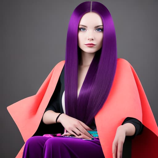  Woman with a salon cape on sitting in a chair facing the camera hair down multi colored hair