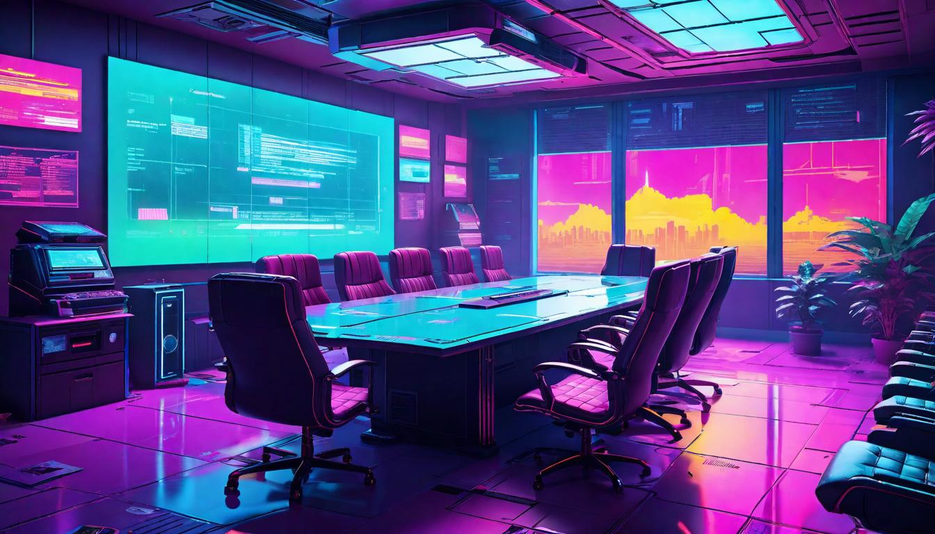  vaporwave,cyberpunk game style A conference room with a long table, one chair overturned, papers scattered as if in the heat of an argument. Tension, unresolved conflicts, the chaos of denial.eon, dystopian, futuristic, digital, vibrant, detailed, high contrast, reminiscent of cyberpunk genre video games,retro aesthetic, cyberpunk, vibrant, neon colors, vintage 80s and 90s style, highly detailed