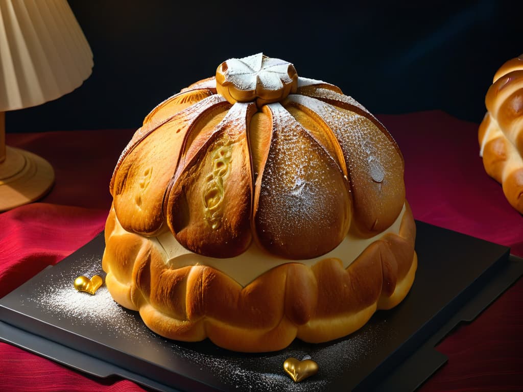  An ultrahigh resolution closeup image of freshly baked Pan de Muerto, showcasing intricate details of the bread's golden crust adorned with sugar and symbolic boneshaped decorations, set against a dark background to highlight the texture and craftsmanship of this traditional Mexican delicacy. hyperrealistic, full body, detailed clothing, highly detailed, cinematic lighting, stunningly beautiful, intricate, sharp focus, f/1. 8, 85mm, (centered image composition), (professionally color graded), ((bright soft diffused light)), volumetric fog, trending on instagram, trending on tumblr, HDR 4K, 8K