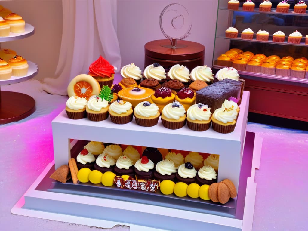  An ultradetailed, photorealistic image of a beautifully decorated dessert table at a themed event, showcasing a variety of themed desserts like cupcakes, cookies, and pastries. The table is elegantly arranged with colorful treats, intricate decorations, and thematic packaging that highlights the importance of visual presentation in dessert merchandising. The image captures the attention to detail, creativity, and professionalism required to make a lasting impression through themed packaging in the dessert industry. hyperrealistic, full body, detailed clothing, highly detailed, cinematic lighting, stunningly beautiful, intricate, sharp focus, f/1. 8, 85mm, (centered image composition), (professionally color graded), ((bright soft diffused light)), volumetric fog, trending on instagram, trending on tumblr, HDR 4K, 8K