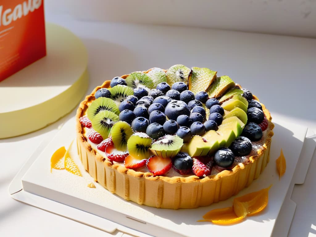  An exquisitely detailed photorealistic image of a vibrant vegan fruit tart, showcasing a golden, flaky crust adorned with a colorful array of fresh fruits such as raspberries, blueberries, kiwi slices, and edible flowers. The fruits glisten with natural juices, and the tart is set on a delicate white porcelain plate, with a backdrop of soft, diffused natural light highlighting the textures and colors of the dessert. hyperrealistic, full body, detailed clothing, highly detailed, cinematic lighting, stunningly beautiful, intricate, sharp focus, f/1. 8, 85mm, (centered image composition), (professionally color graded), ((bright soft diffused light)), volumetric fog, trending on instagram, trending on tumblr, HDR 4K, 8K