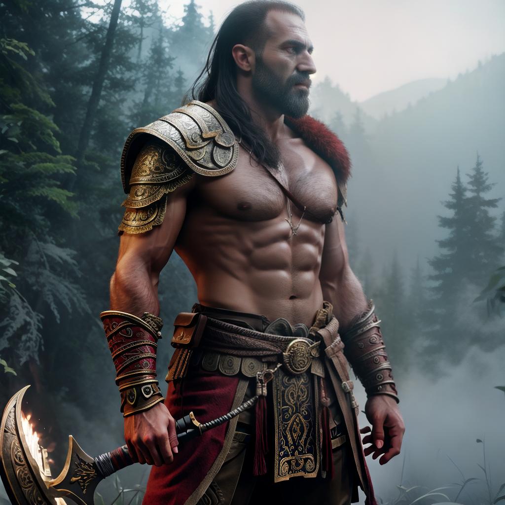  God of war hyperrealistic, full body, detailed clothing, highly detailed, cinematic lighting, stunningly beautiful, intricate, sharp focus, f/1. 8, 85mm, (centered image composition), (professionally color graded), ((bright soft diffused light)), volumetric fog, trending on instagram, trending on tumblr, HDR 4K, 8K