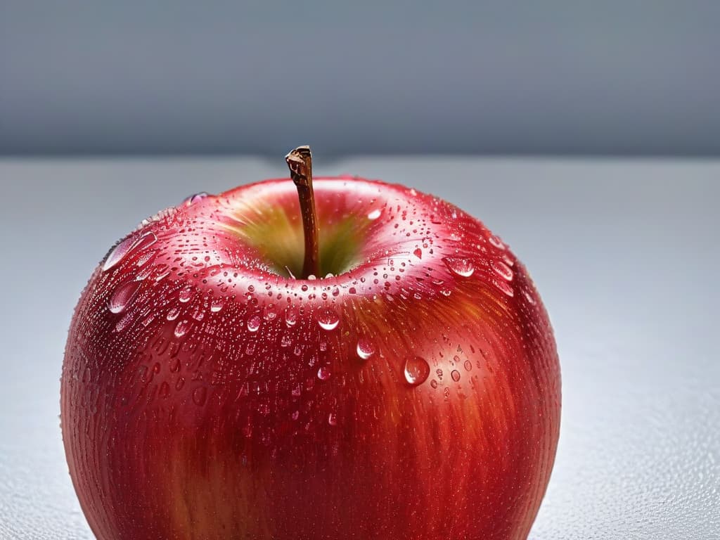  A closeup, ultradetailed image of a glossy, ripe red apple covered in tiny droplets of water, showcasing its natural freshness and juiciness. The apple is placed on a sleek, modern white surface, with soft, diffused lighting that highlights every tiny detail of the fruit's surface texture and the sparkling water droplets. hyperrealistic, full body, detailed clothing, highly detailed, cinematic lighting, stunningly beautiful, intricate, sharp focus, f/1. 8, 85mm, (centered image composition), (professionally color graded), ((bright soft diffused light)), volumetric fog, trending on instagram, trending on tumblr, HDR 4K, 8K