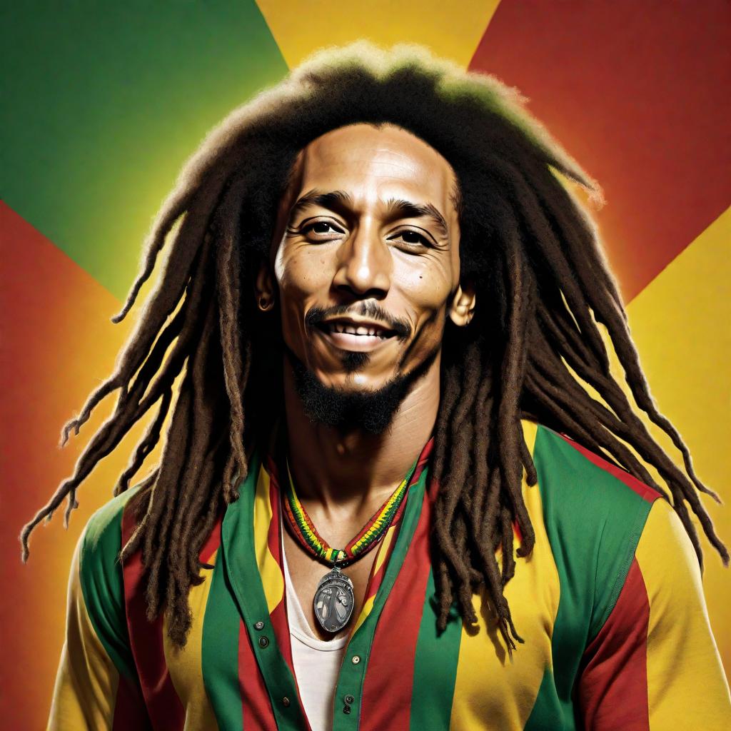  A portrait of Bob Marley, with his iconic dreadlocks, relaxed expression, and a colorful background that includes reggae-themed colors such as green, yellow, and red. hyperrealistic, full body, detailed clothing, highly detailed, cinematic lighting, stunningly beautiful, intricate, sharp focus, f/1. 8, 85mm, (centered image composition), (professionally color graded), ((bright soft diffused light)), volumetric fog, trending on instagram, trending on tumblr, HDR 4K, 8K