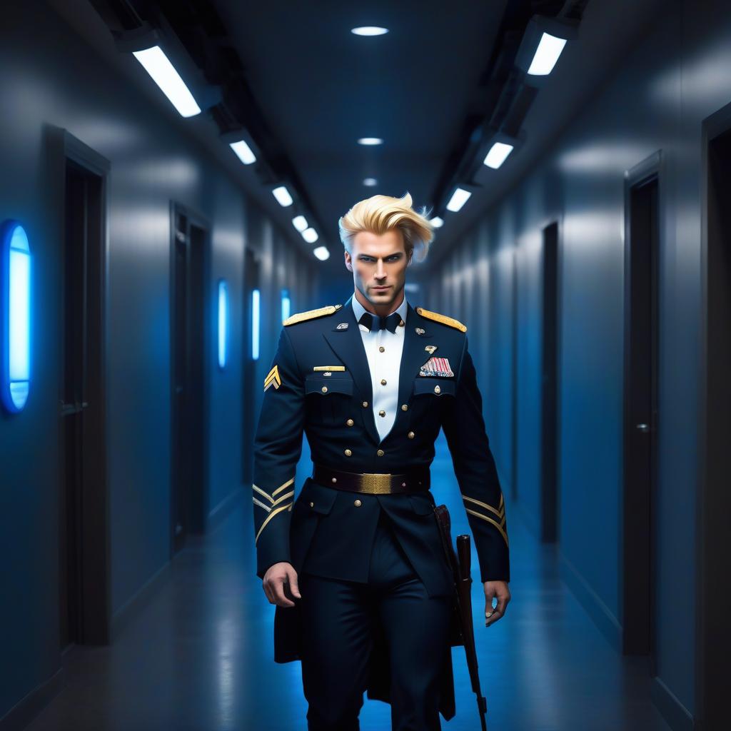  Realistically, a handsome Man blond, The man has fox ears, long hair, the man has yellow eyes, and the man wears pants in a black military uniform walking down a corridor lit with blue spotlights, clear focus, bright and clear eyes, well drawn details, vividly colored eyes, beautiful portrait illustration, portrait in the style of fantasy, blue and white flashes, bright colors, vivid eyes, fantastical art, intricate design, highly detailed, clear focus, 8k resolution, high resolution, elegant. hyperrealistic, full body, detailed clothing, highly detailed, cinematic lighting, stunningly beautiful, intricate, sharp focus, f/1. 8, 85mm, (centered image composition), (professionally color graded), ((bright soft diffused light)), volumetric fog, trending on instagram, trending on tumblr, HDR 4K, 8K